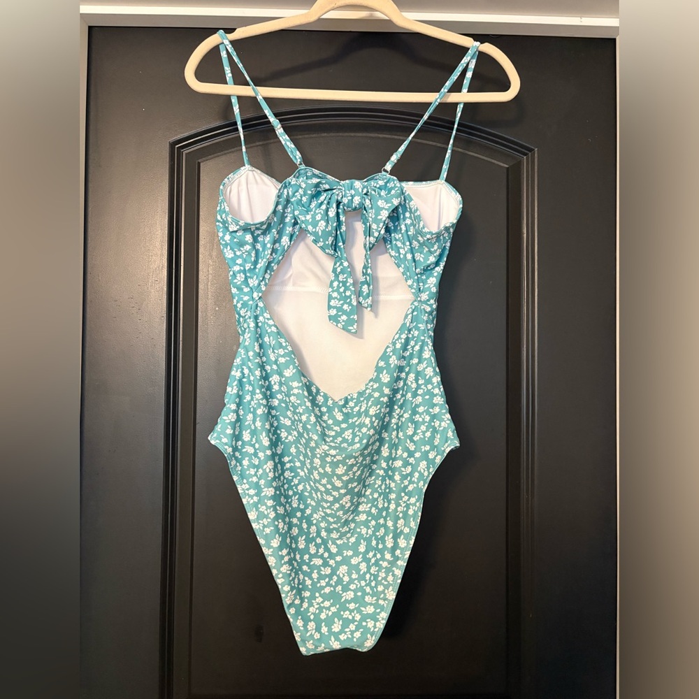 Teal Floral One-Piece Swimsuit with Back Tie-Size XL